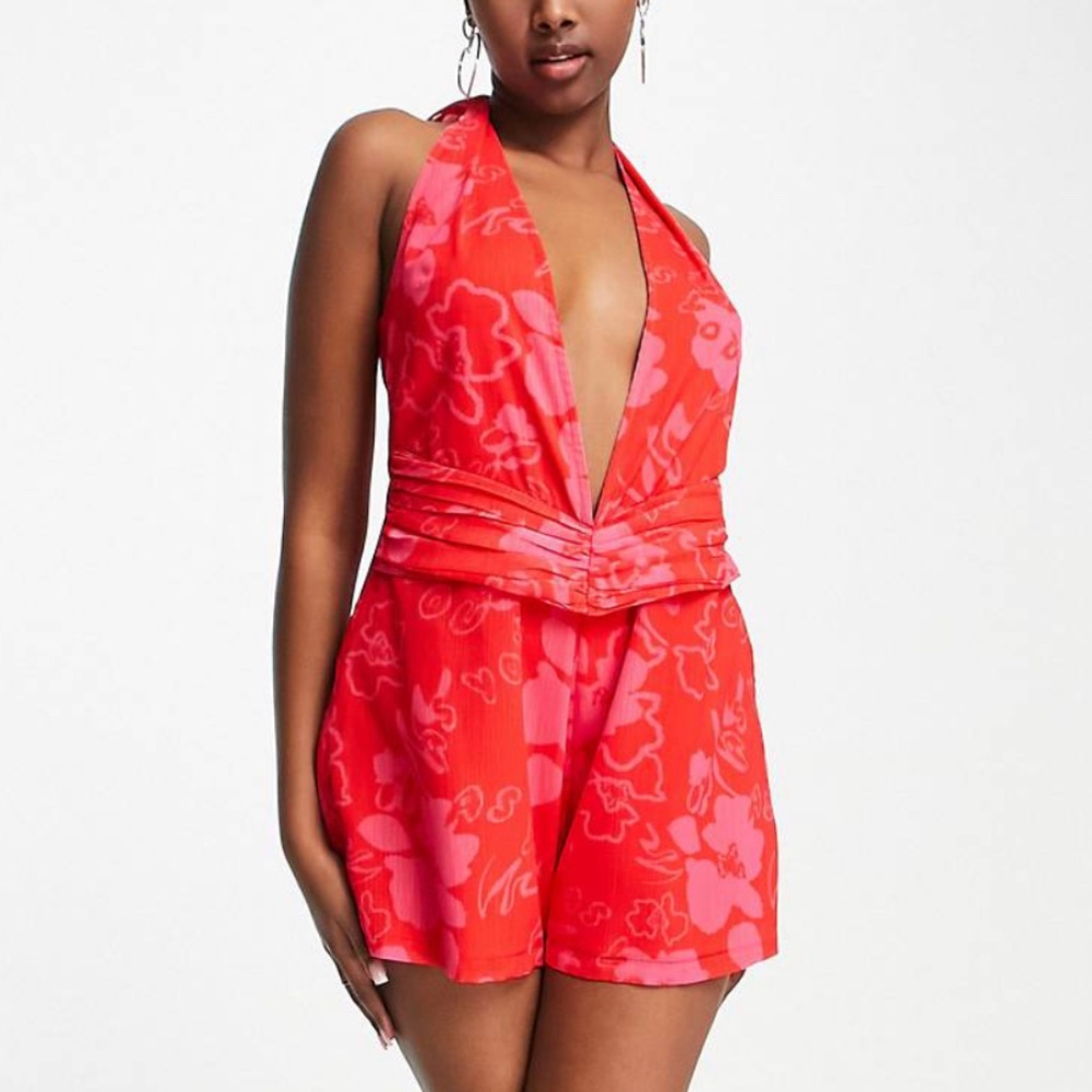 Fun Print Halter Plunge Deep Cut Romper